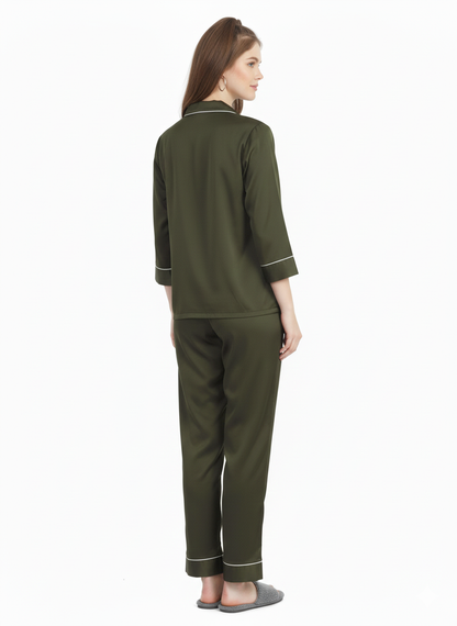 Olive Grove Armani Satin Nightsuit | Luxe Rizqé by Zadine Deep Khaki Pyjama Set