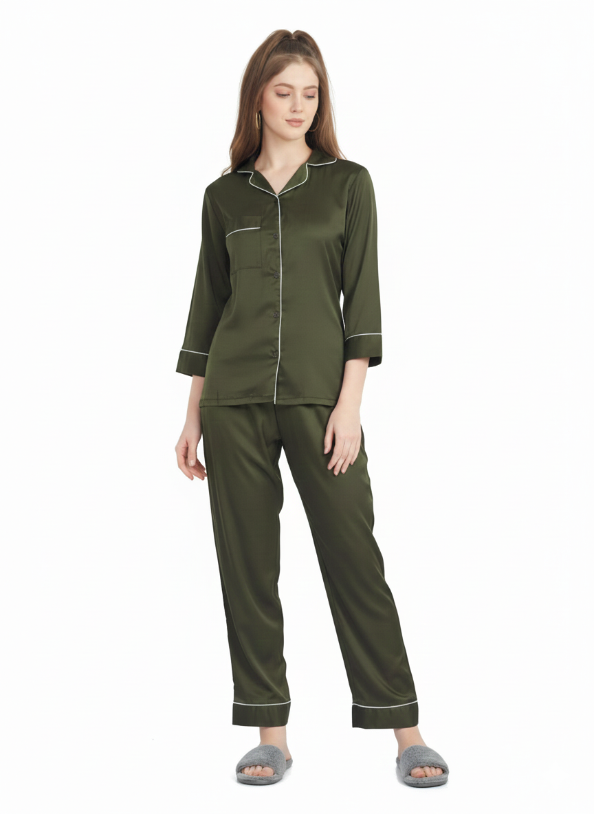 Olive Grove Armani Satin Nightsuit | Luxe Rizqé by Zadine Deep Khaki Pyjama Set
