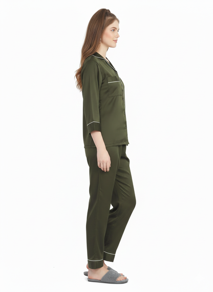 Olive Grove Armani Satin Nightsuit | Luxe Rizqé by Zadine Deep Khaki Pyjama Set