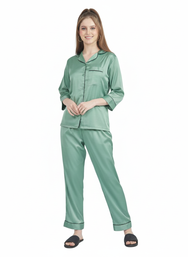 Mint Mist Satin Nightsuit | Premium  Rizqé by Zadine Sage Green Pyjama Set