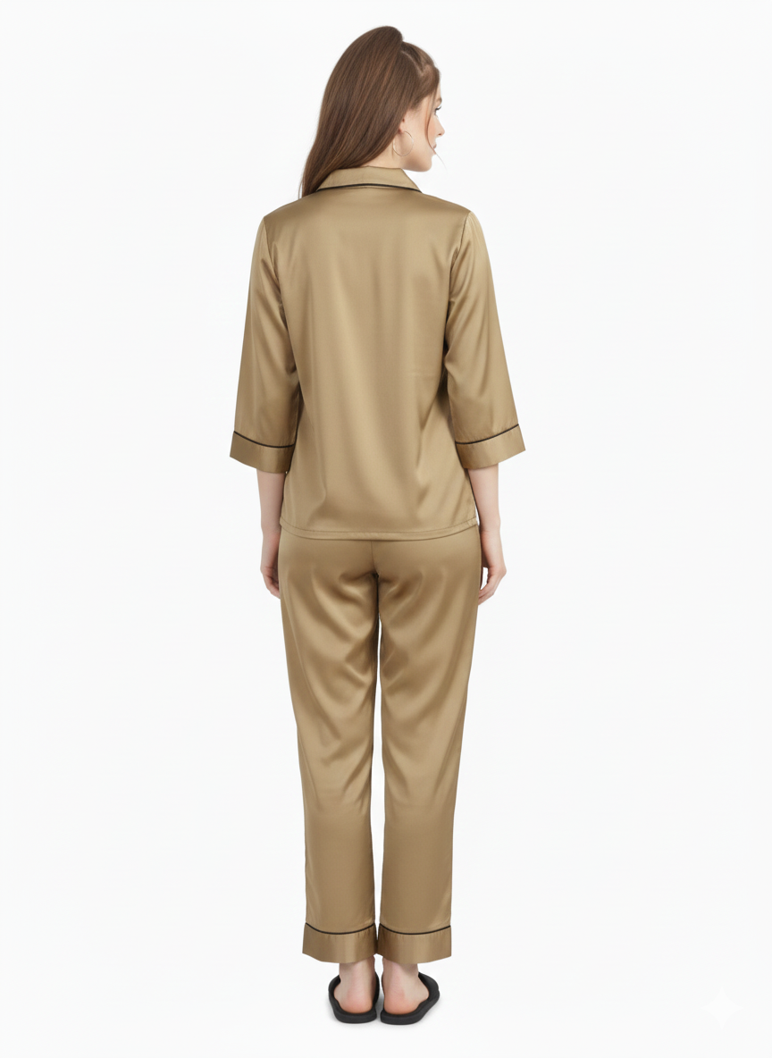 Rizqé Amber Lustre Golden Brown Armani Satin Pajama Set Nightuit