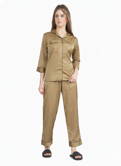 Rizqé Amber Lustre Golden Brown Armani Satin Pajama Set Nightuit