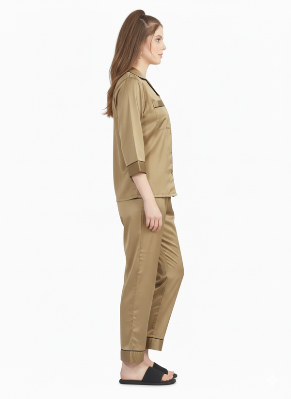 Rizqé Amber Lustre Golden Brown Armani Satin Pajama Set Nightuit