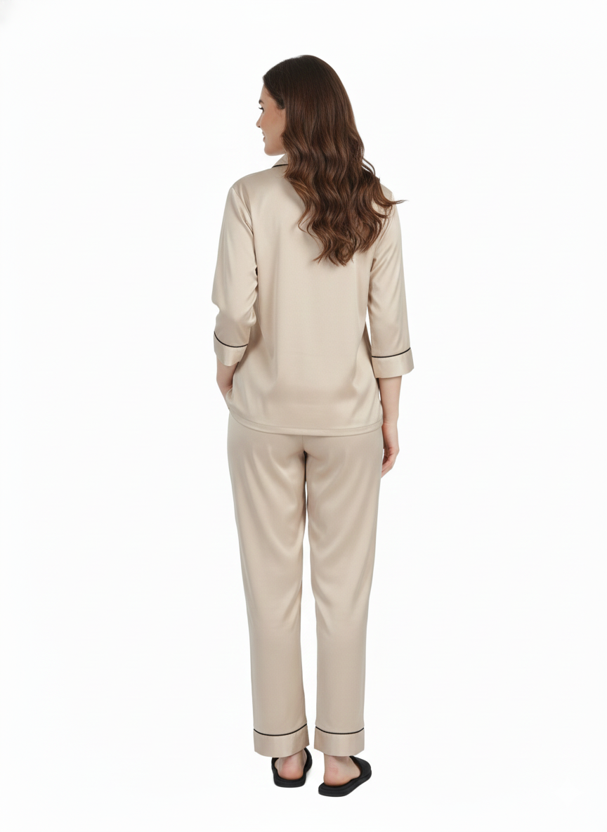 Desert Taupe Armani Satin Nightsuit | Luxe Rizqé by Zadine Beige Solid Pyjama Set