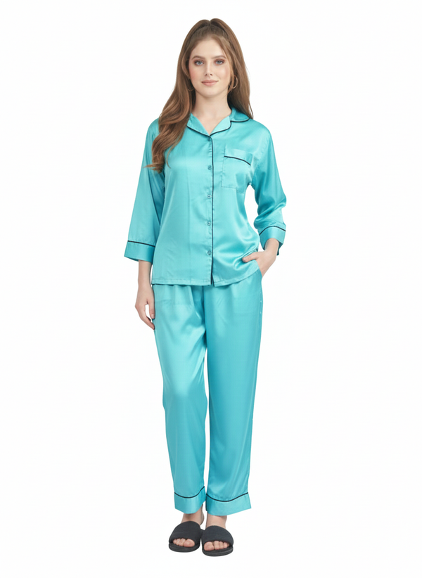 Aquamarine Dream Satin Nightsuit |Luxe Rizqé by Zadine Teal Blue Pyjama Set