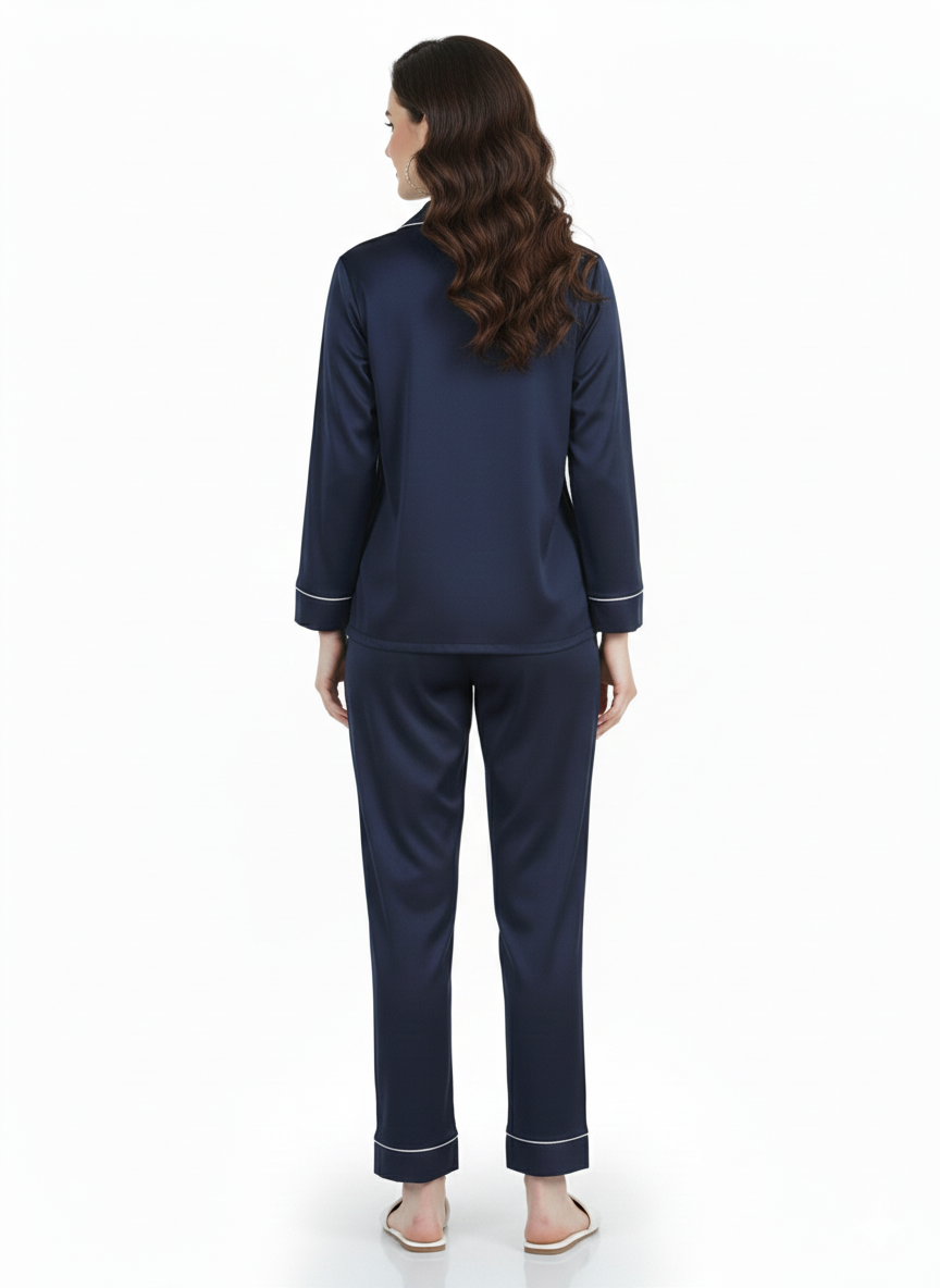 Midnight Navy Armani Satin Nightsuit | Premium Rizqé by Zadine Deep Blue Pyjama Set