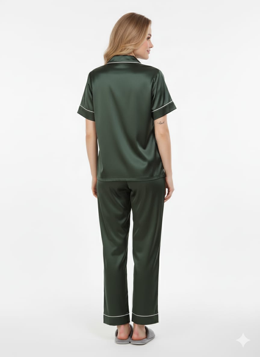 Dark Green Imported Italian Satin Nightsuit | Emerald Luxury Pajamas Set | Imported Silky Sleepwear
