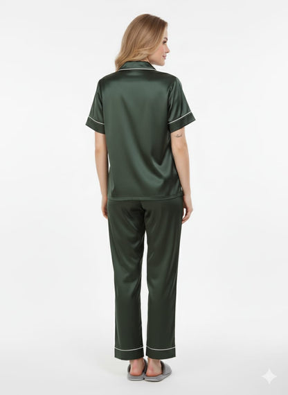 Dark Green Imported Italian Satin Nightsuit | Emerald Luxury Pajamas Set | Imported Silky Sleepwear