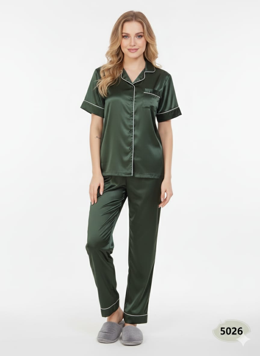 Dark Green Imported Italian Satin Nightsuit | Emerald Luxury Pajamas Set | Imported Silky Sleepwear