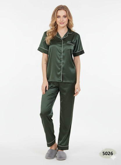 Dark Green Imported Italian Satin Nightsuit | Emerald Luxury Pajamas Set | Imported Silky Sleepwear