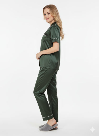 Dark Green Imported Italian Satin Nightsuit | Emerald Luxury Pajamas Set | Imported Silky Sleepwear