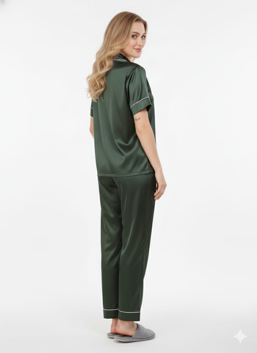 Dark Green Imported Italian Satin Nightsuit | Emerald Luxury Pajamas Set | Imported Silky Sleepwear
