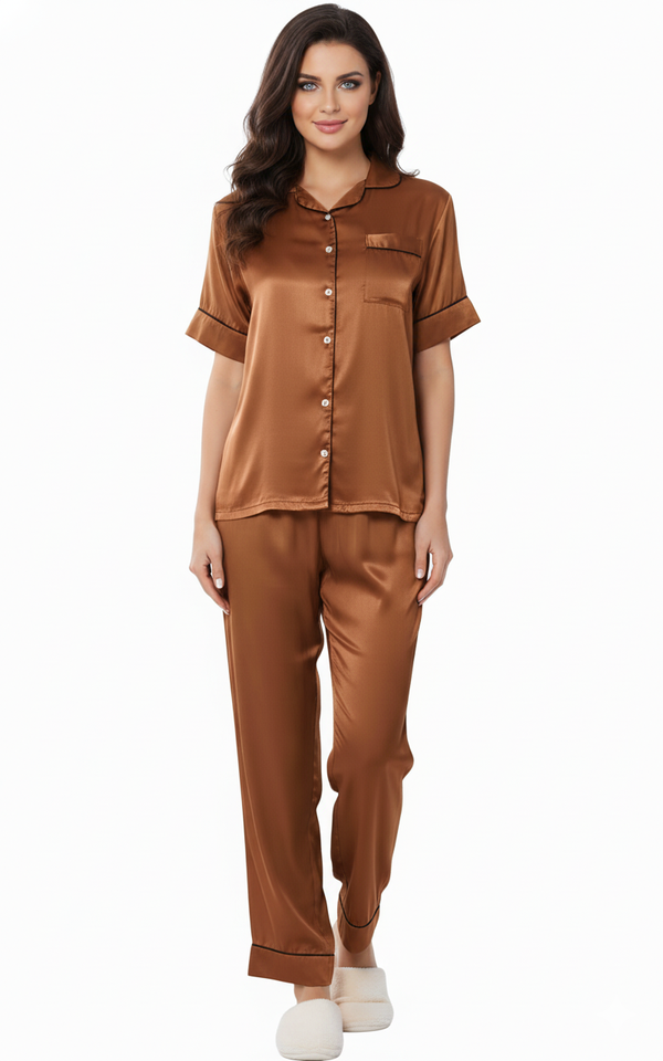 Premium Italian Satin Nightsuit | Bronze Luxury Pajamas Set | Imported Silky Sleepwear