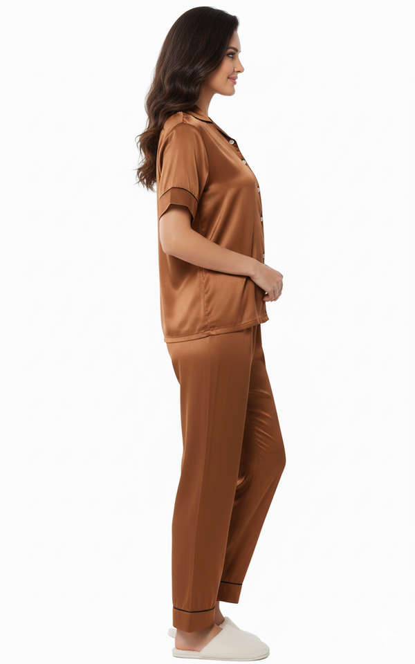 Premium Italian Satin Nightsuit | Bronze Luxury Pajamas Set | Imported Silky Sleepwear
