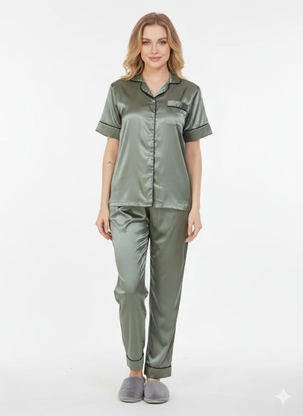 Sage Green Italian Satin Nightsuit | Grey-Green Silky Pajamas Set | Imported Luxury Sleepwear