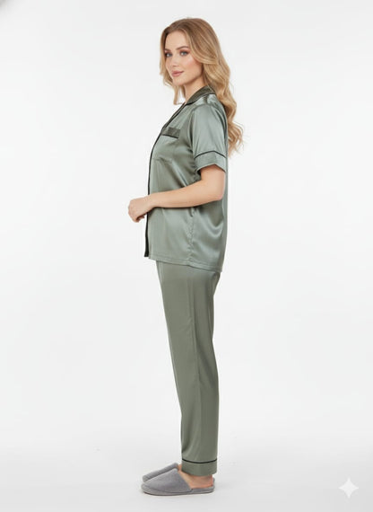 Sage Green Italian Satin Nightsuit | Grey-Green Silky Pajamas Set | Imported Luxury Sleepwear