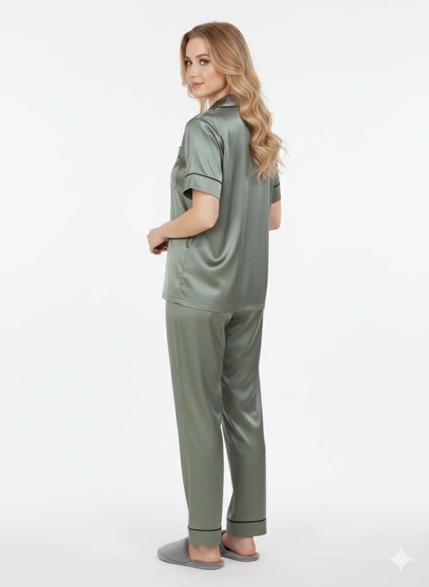 Sage Green Italian Satin Nightsuit | Grey-Green Silky Pajamas Set | Imported Luxury Sleepwear