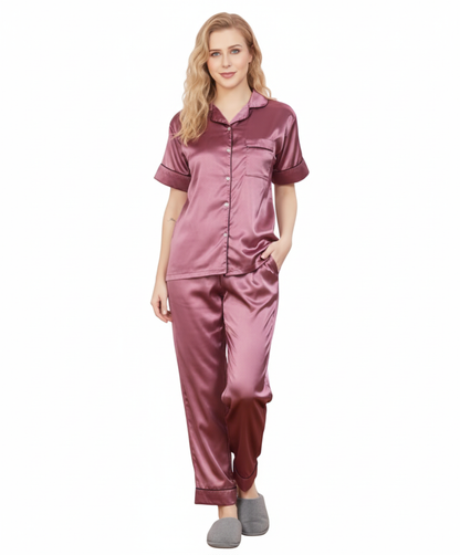 Mauve Italian Satin Nightsuit | Dusty Rose Luxury Pajamas Set | Premium Imported Silky Sleepwear