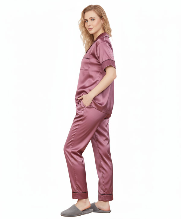 Mauve Italian Satin Nightsuit | Dusty Rose Luxury Pajamas Set | Premium Imported Silky Sleepwear
