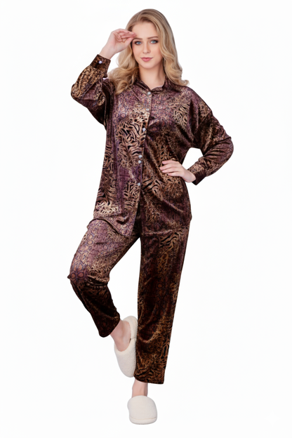 Brown Rose Gold Imported Velvet Nightsuit Set | Animal Print Pajamas | Luxury Loungewear & Nightwear