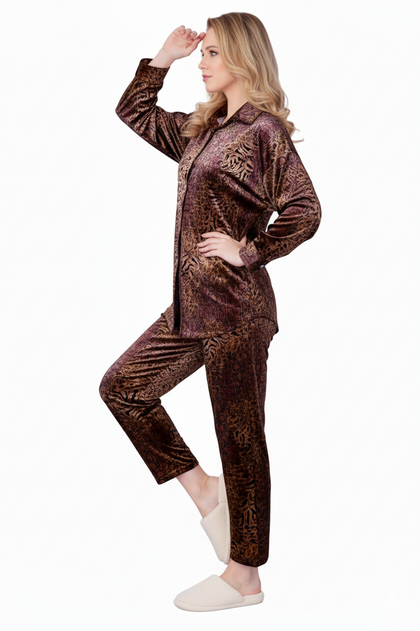 Brown Rose Gold Imported Velvet Nightsuit Set | Animal Print Pajamas | Luxury Loungewear & Nightwear