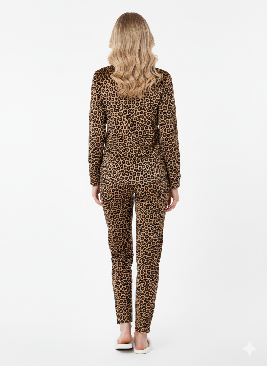 Imported Velvet Nightsuit | Luxury Brown Animal Print Pajamas Set | Premium Winter Loungewear & Nightwear