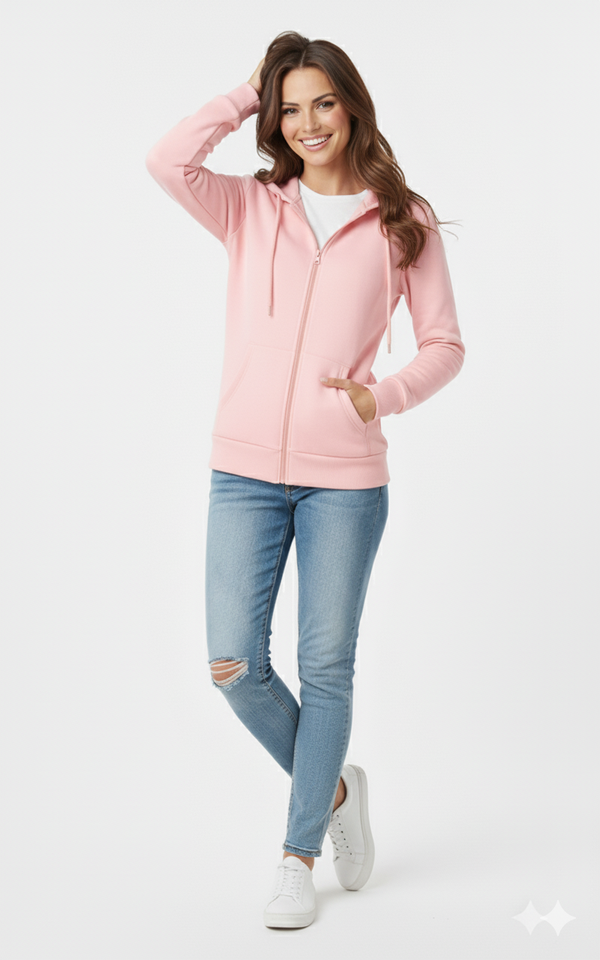 Baby Pink Solid Premium 390 GSM Cotton Full-Zip Unisex Hoodie | Rizqé by Zadine Customizable