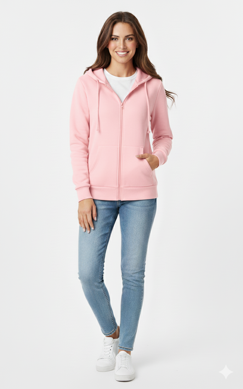 Baby Pink Solid Premium 390 GSM Cotton Full-Zip Unisex Hoodie | Rizqé by Zadine Customizable