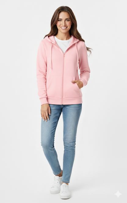 Baby Pink Solid Premium 390 GSM Cotton Full-Zip Unisex Hoodie | Rizqé by Zadine Customizable