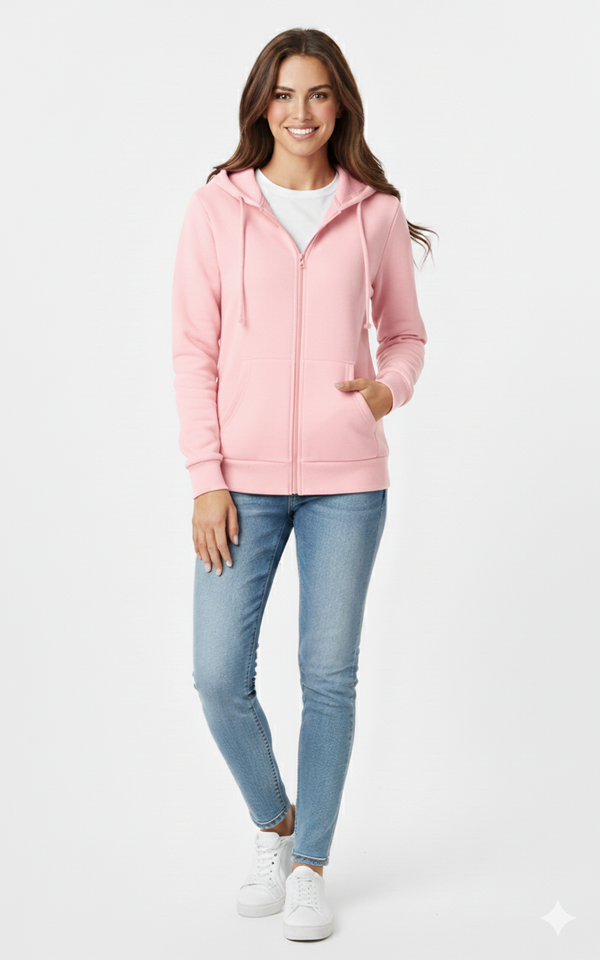Baby Pink Solid Premium 390 GSM Cotton Full-Zip Unisex Hoodie | Rizqé by Zadine Customizable
