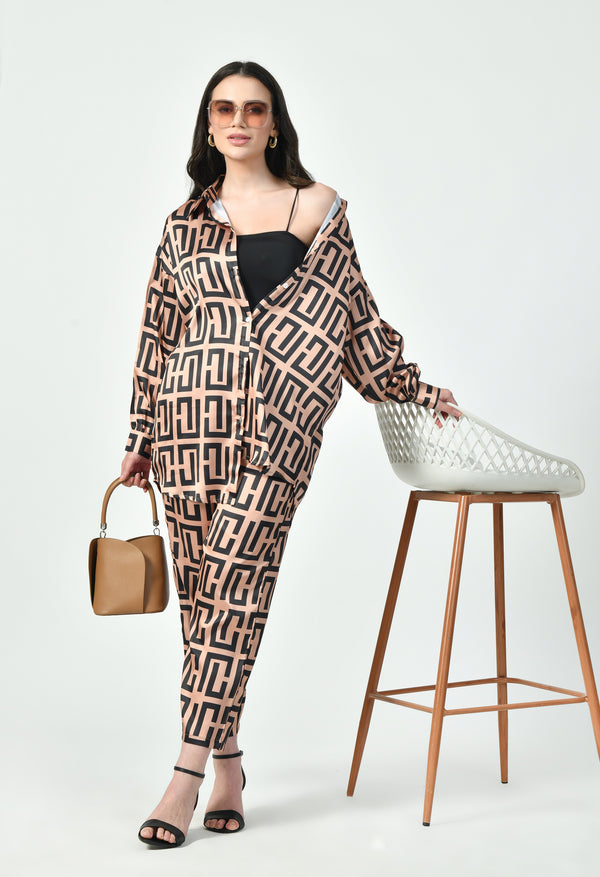 Geometric Print Modest Co-Ord Set Japanese Satin Luxury Modest Western Wear