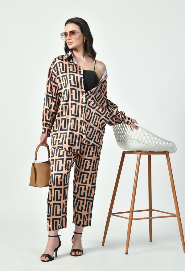 Geometric Print Modest Co-Ord Set Japanese Satin Luxury Modest Western Wear