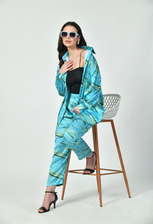 Modest Blue Satin Co-Ord Set for Women | Abstract Print 2 Piece Set by Rizqé