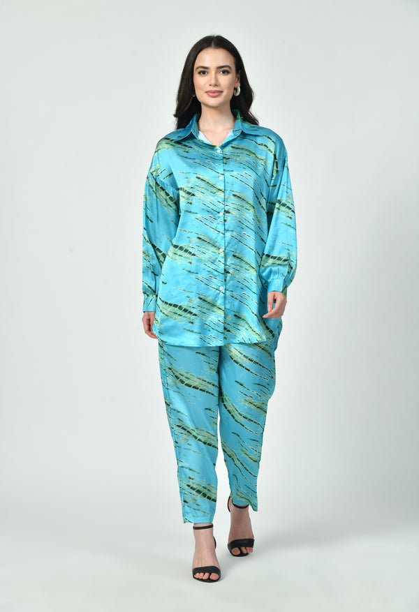 Modest Blue Satin Co-Ord Set for Women | Abstract Print 2 Piece Set by Rizqé