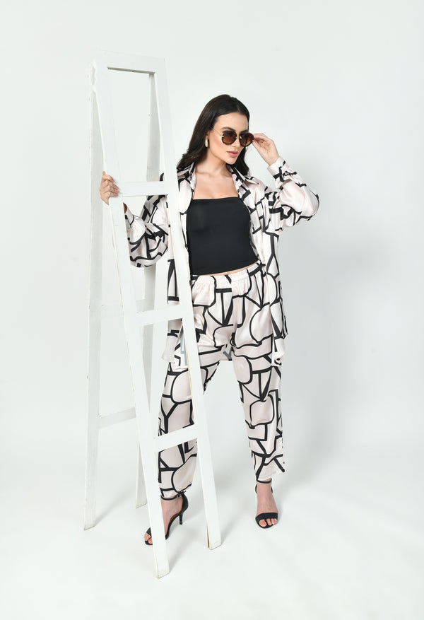 Abstract Geometric Line Art Co-Ord Set Japanese Satin Modest Wear