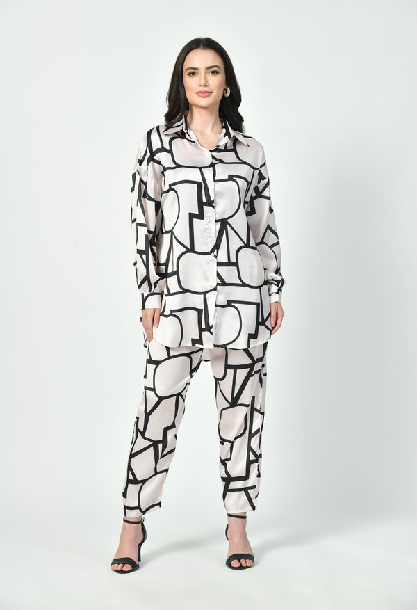 Abstract Geometric Line Art Co-Ord Set Japanese Satin Modest Wear