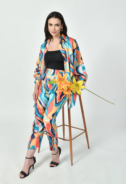 Multicolor Wave Print Luxury Modest Co-Ord Set Japanese Satin Western Wear