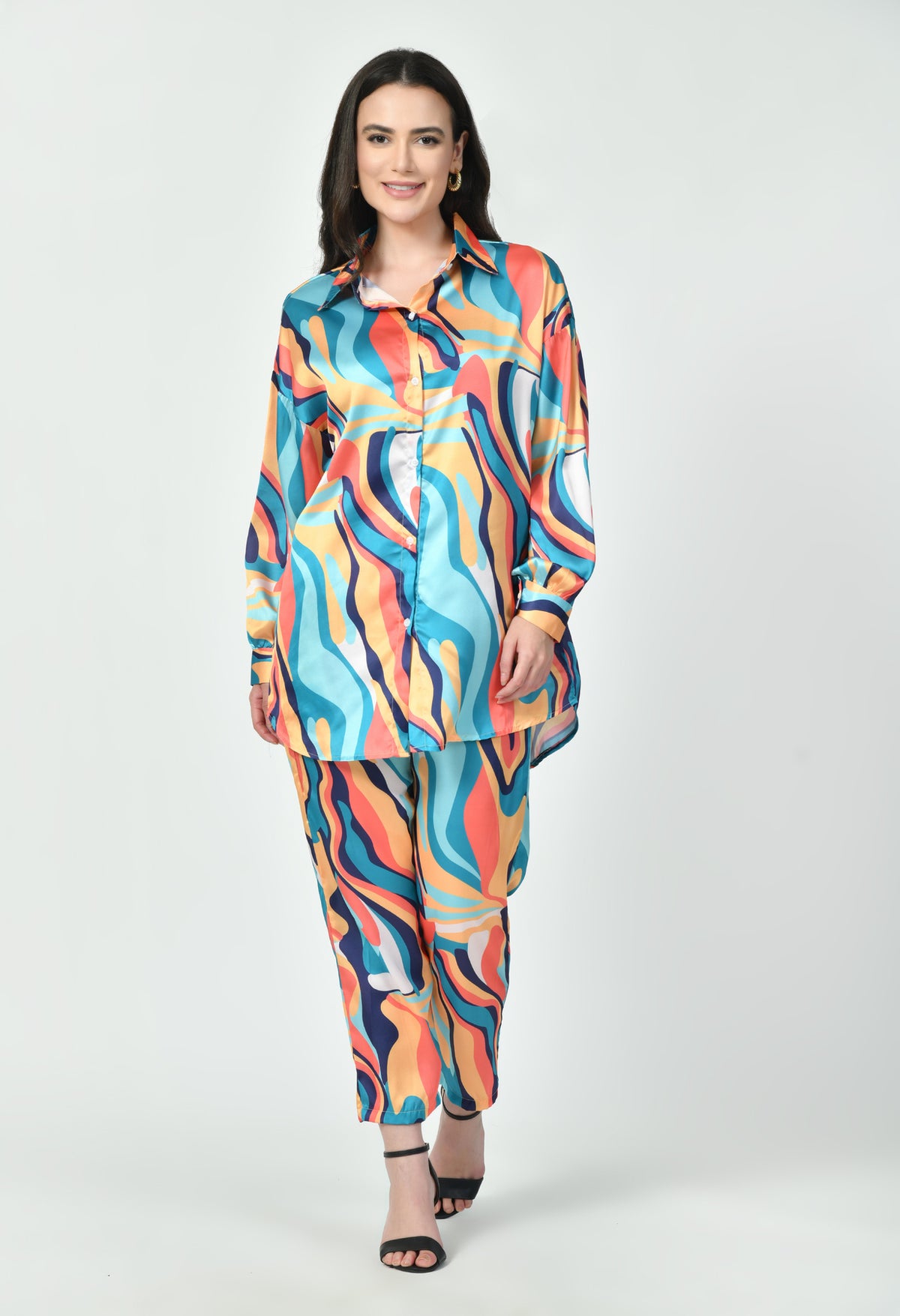 Modest Corods Multicolor Wave Print Luxury Modest Co-Ord Set Japanese Satin Western ...