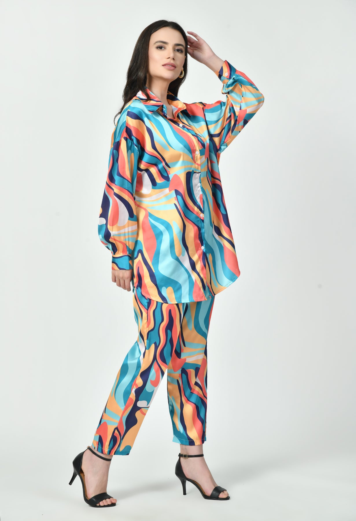 Multicolor Wave Print Luxury Modest Co-Ord Set Japanese Satin Western Wear