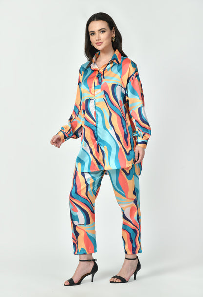 Multicolor Wave Print Luxury Modest Co-Ord Set Japanese Satin Western Wear