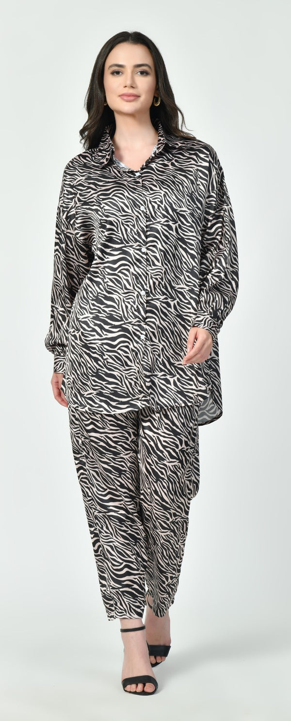 Black & Brown Zebra Print Modest Co-Ord Set Japanese Satin Premium Western Wear