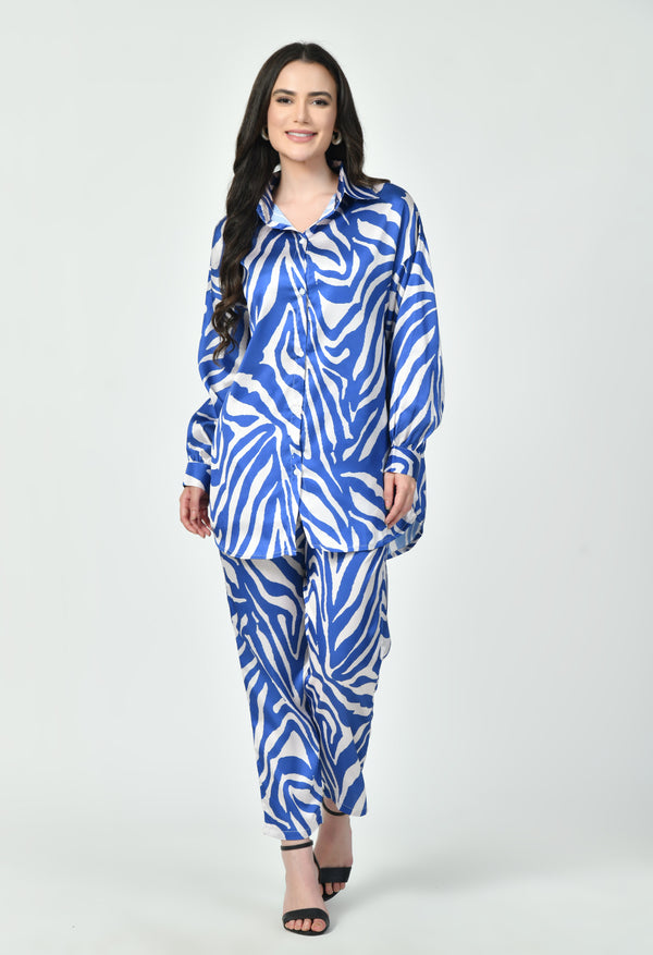 Modest Co-Ord Set Japanese Satin Blue Zebra Print Stylish Modest Western Wear