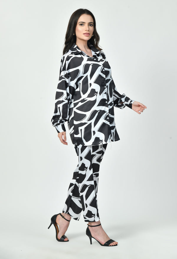 Black & White Abstract Print Co-ord Set Luxury Modest Western Wear Japanese Satin