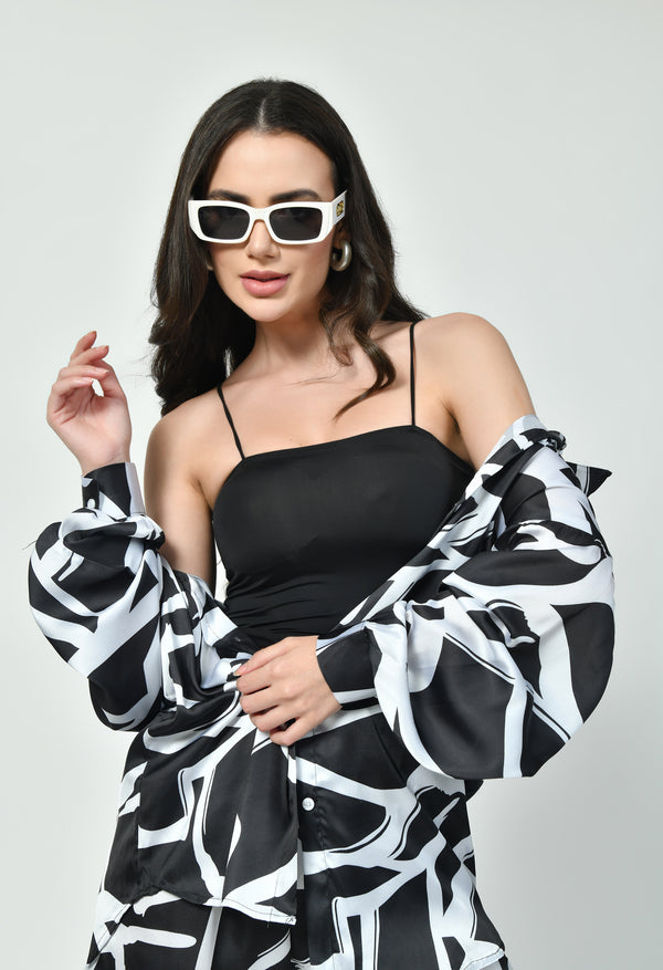 Black & White Abstract Print Co-ord Set Luxury Modest Western Wear Japanese Satin