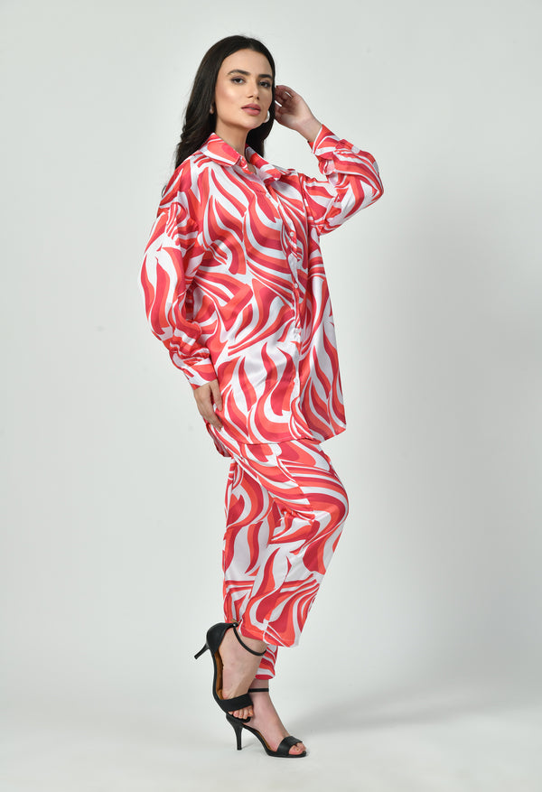 Red Swirl Print Modest Co-Ord Set Japanese Satin Trendy Modest Western Wear