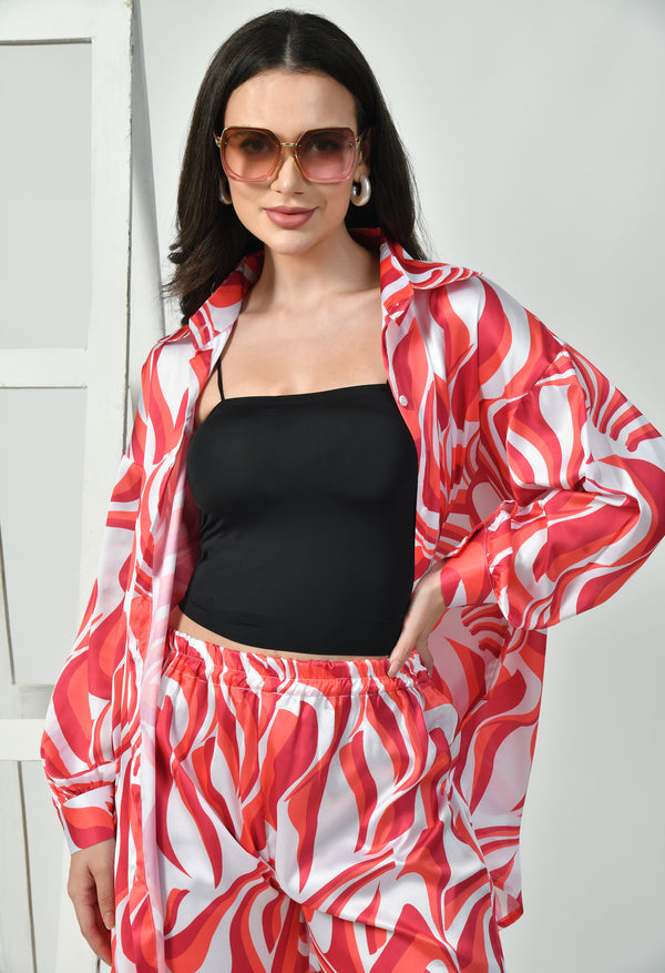 Red Swirl Print Modest Co-Ord Set Japanese Satin Trendy Modest Western Wear