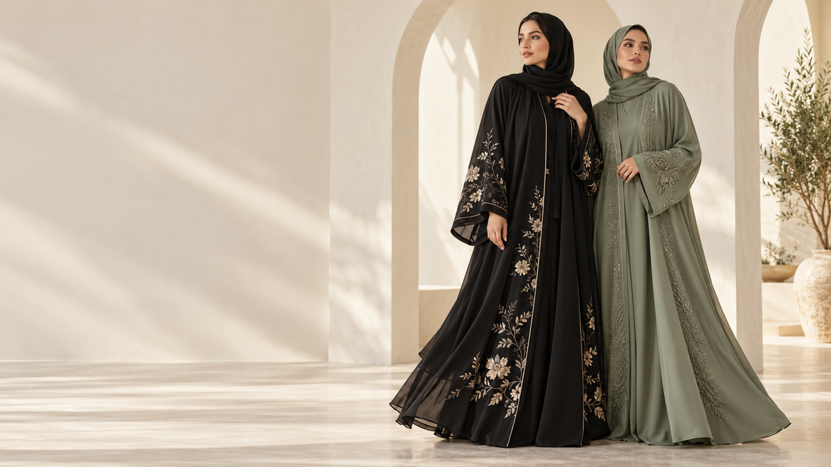 Rizqé original abaya designs campaign banner with black and sage abayas