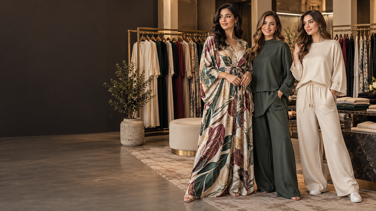 Original Rizqé ready-stock wholesale campaign showing a kaftan, a co-ord set and relaxed loungewear