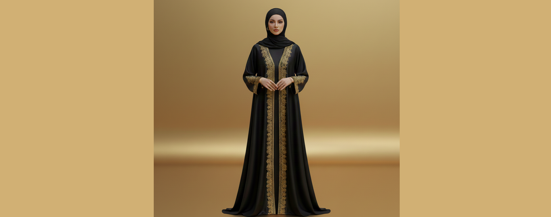 Woman wearing a black abaya with gold embroidery on a beige background